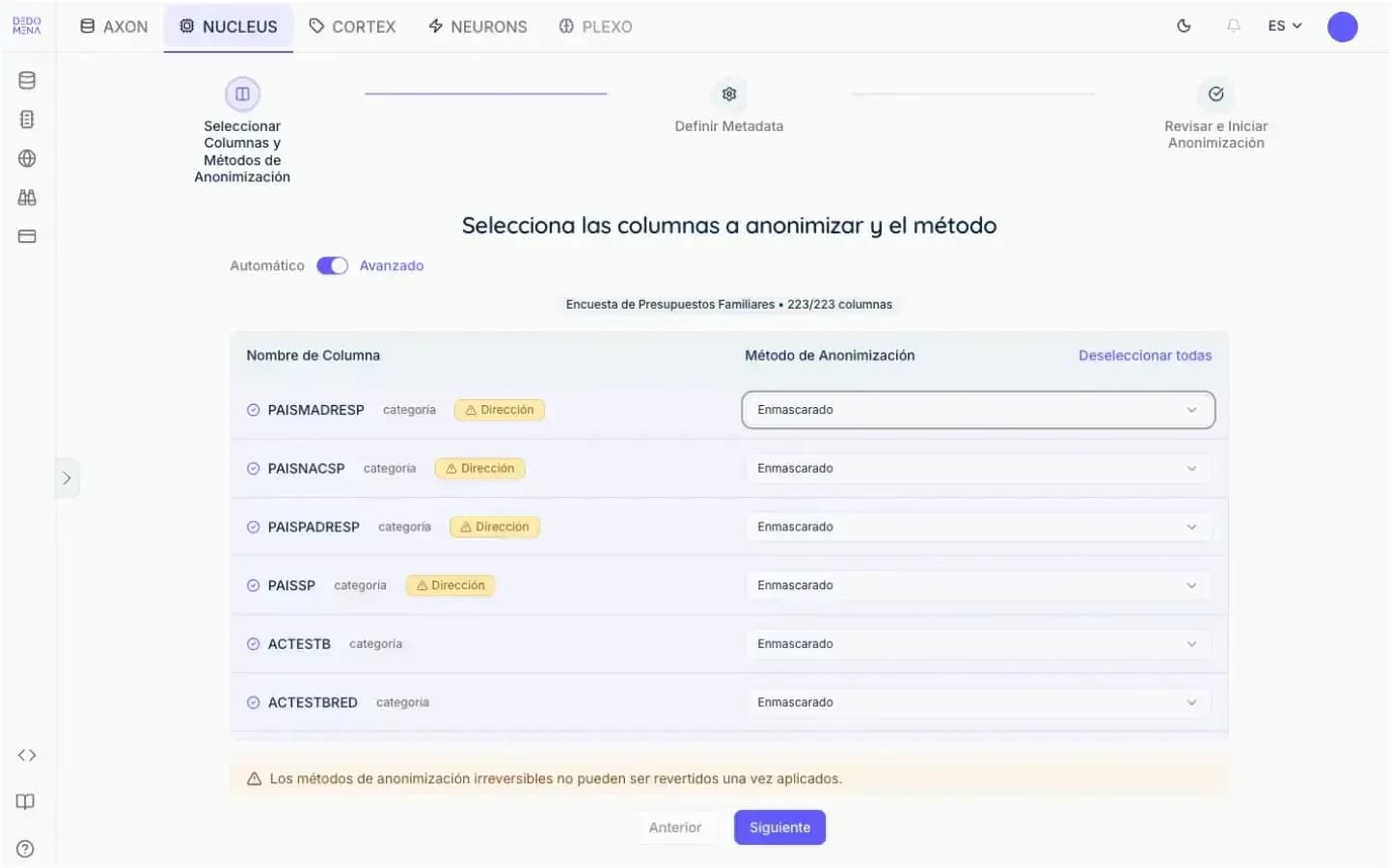Configura la anonimización